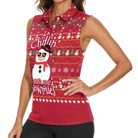 Christmas Chillin With My Snowmies Women Sleeveless Polo Shirt Cool Snowman Red Snowflake Light String - Wonder Print Shop