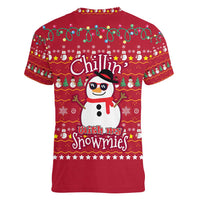 Christmas Chillin With My Snowmies Women V-Neck T-Shirt Cool Snowman Red Snowflake Light String - Wonder Print Shop