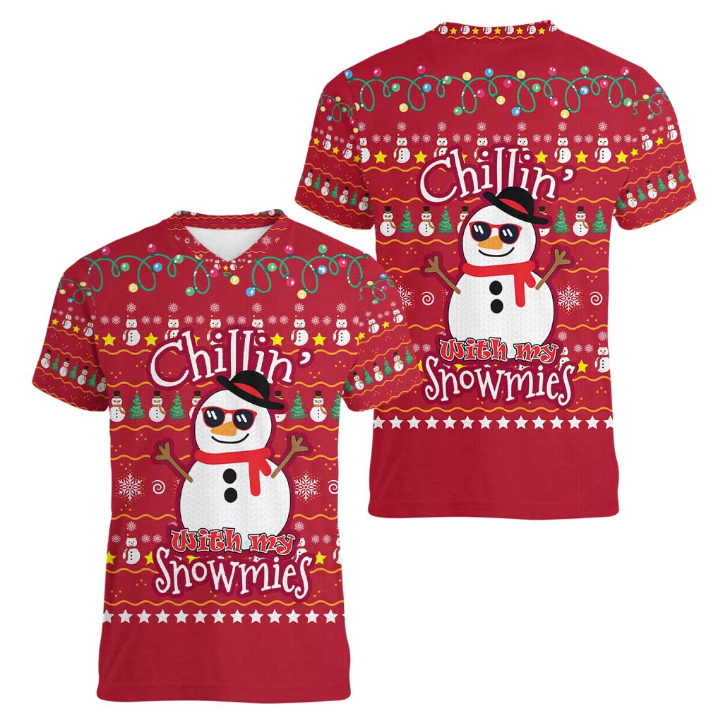 Christmas Chillin With My Snowmies Women V-Neck T-Shirt Cool Snowman Red Snowflake Light String - Wonder Print Shop