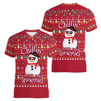 Christmas Chillin With My Snowmies Women V-Neck T-Shirt Cool Snowman Red Snowflake Light String - Wonder Print Shop