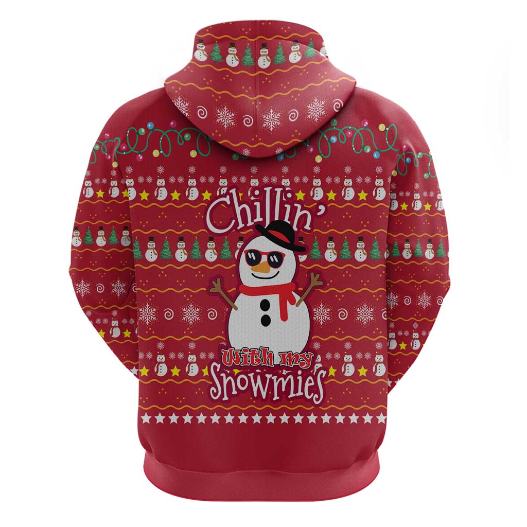 Christmas Chillin With My Snowmies Zip Hoodie Cool Snowman Red Snowflake Light String - Wonder Print Shop