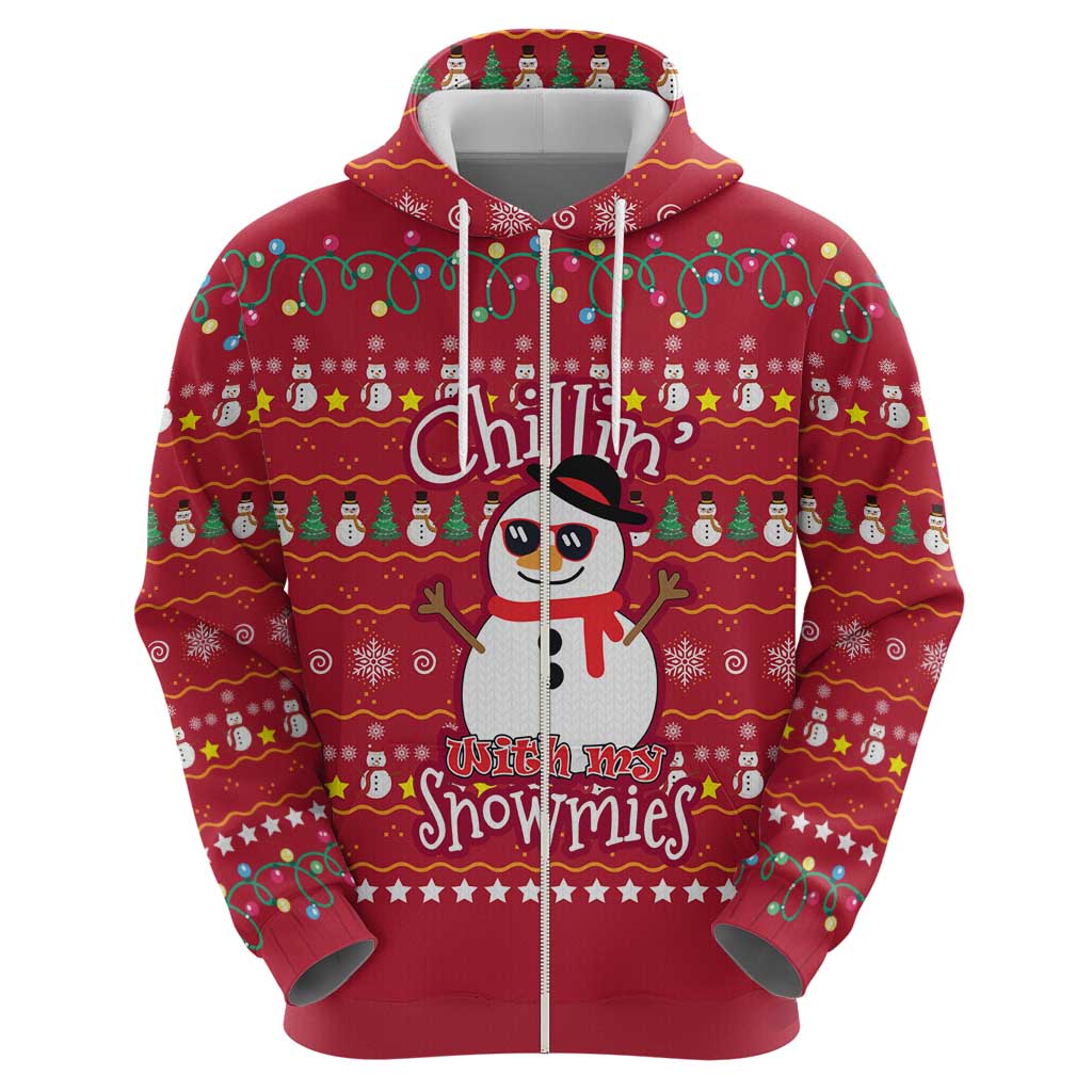 Christmas Chillin With My Snowmies Zip Hoodie Cool Snowman Red Snowflake Light String - Wonder Print Shop