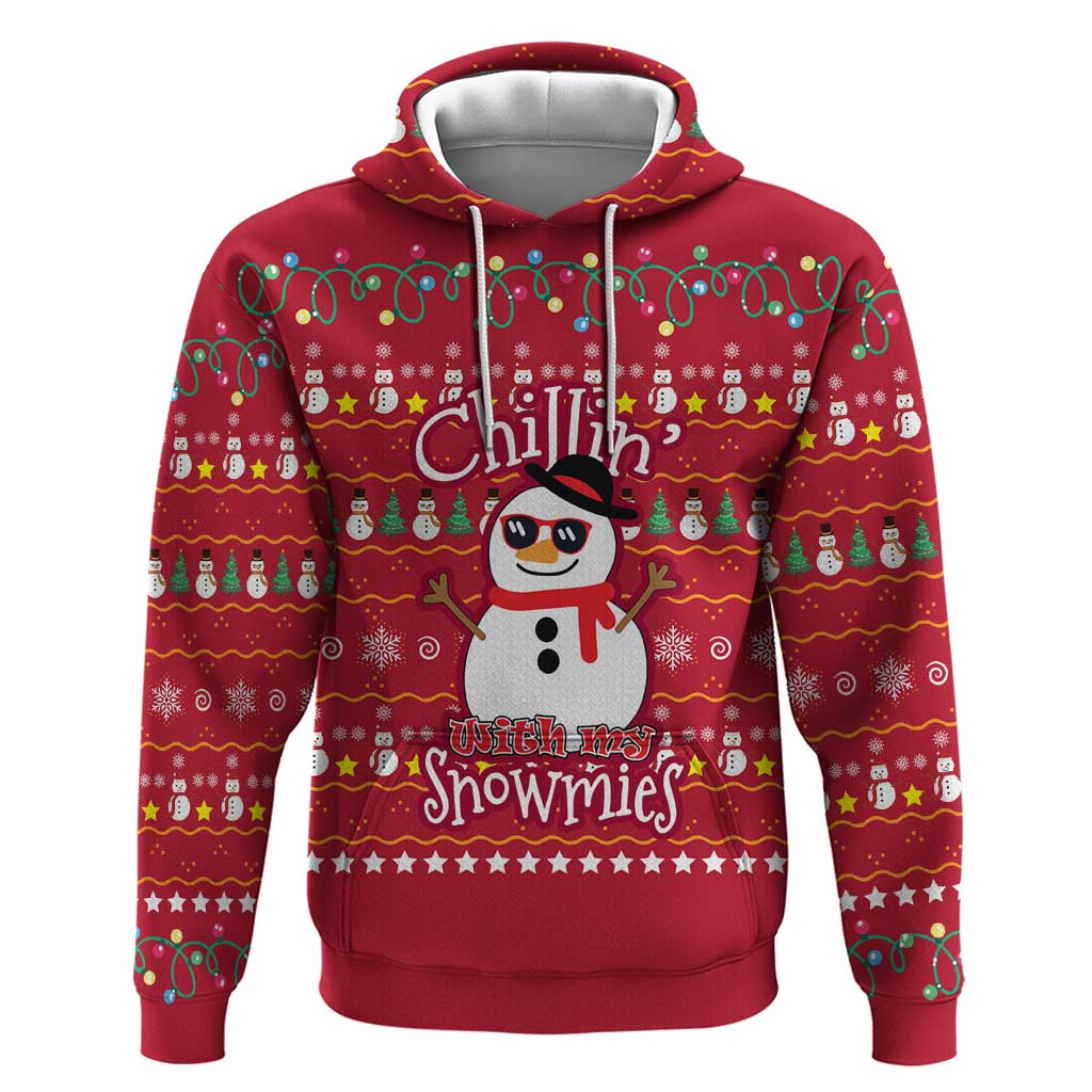 Christmas Chillin With My Snowmies Zip Hoodie Cool Snowman Red Snowflake Light String - Wonder Print Shop