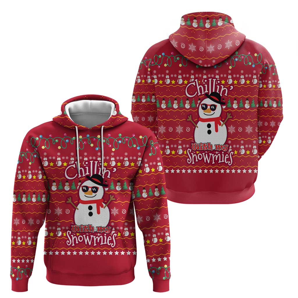 Christmas Chillin With My Snowmies Zip Hoodie Cool Snowman Red Snowflake Light String - Wonder Print Shop