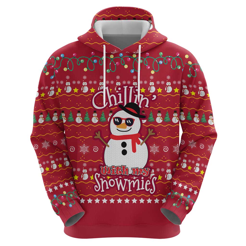 Christmas Chillin With My Snowmies Zip Hoodie Cool Snowman Red Snowflake Light String - Wonder Print Shop