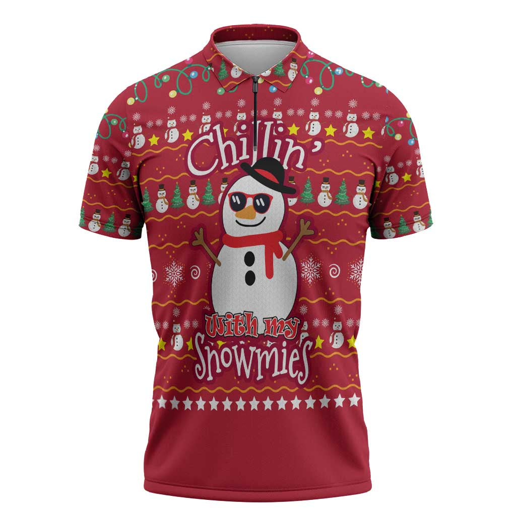 Christmas Chillin With My Snowmies Zipper Polo Shirt Cool Snowman Red Snowflake Light String - Wonder Print Shop