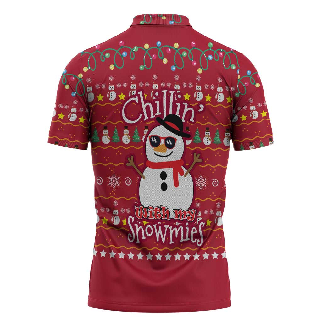 Christmas Chillin With My Snowmies Zipper Polo Shirt Cool Snowman Red Snowflake Light String - Wonder Print Shop