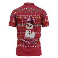 Christmas Chillin With My Snowmies Zipper Polo Shirt Cool Snowman Red Snowflake Light String - Wonder Print Shop