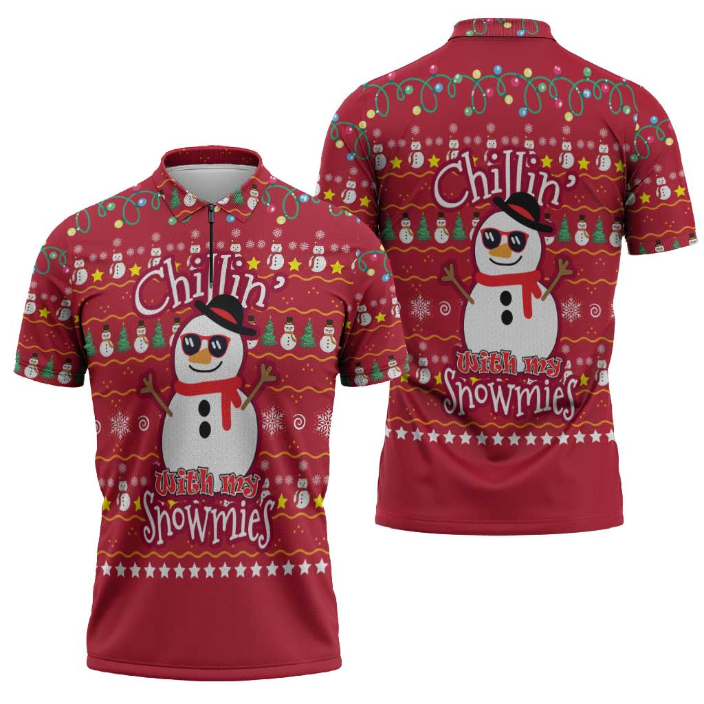 Christmas Chillin With My Snowmies Zipper Polo Shirt Cool Snowman Red Snowflake Light String - Wonder Print Shop