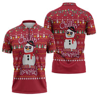 Christmas Chillin With My Snowmies Zipper Polo Shirt Cool Snowman Red Snowflake Light String - Wonder Print Shop