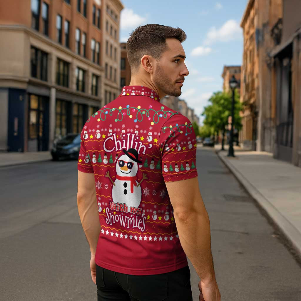 Christmas Chillin With My Snowmies Zipper Polo Shirt Cool Snowman Red Snowflake Light String - Wonder Print Shop