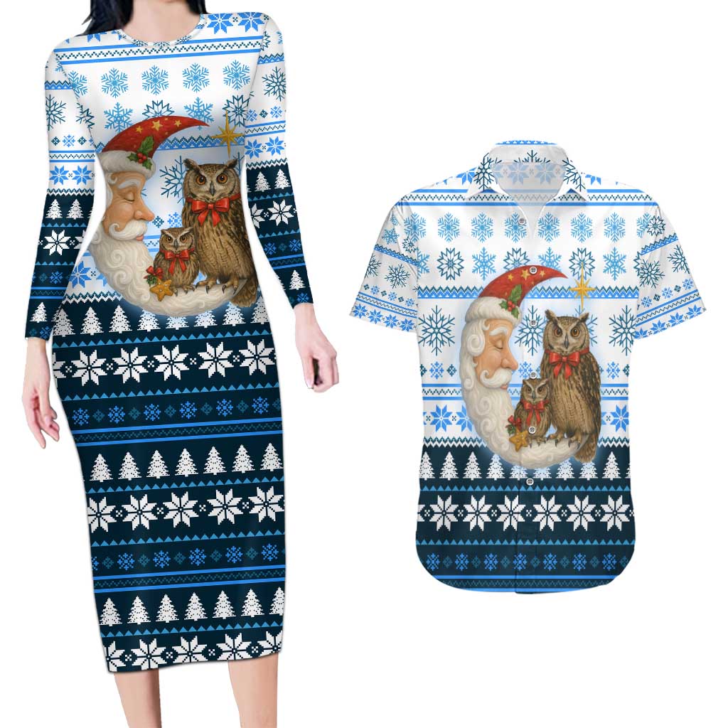 Owl Love Santa Moon Christmas Couples Matching Long Sleeve Bodycon Dress and Hawaiian Shirt Xmas Holiday Patterns - Wonder Print Shop