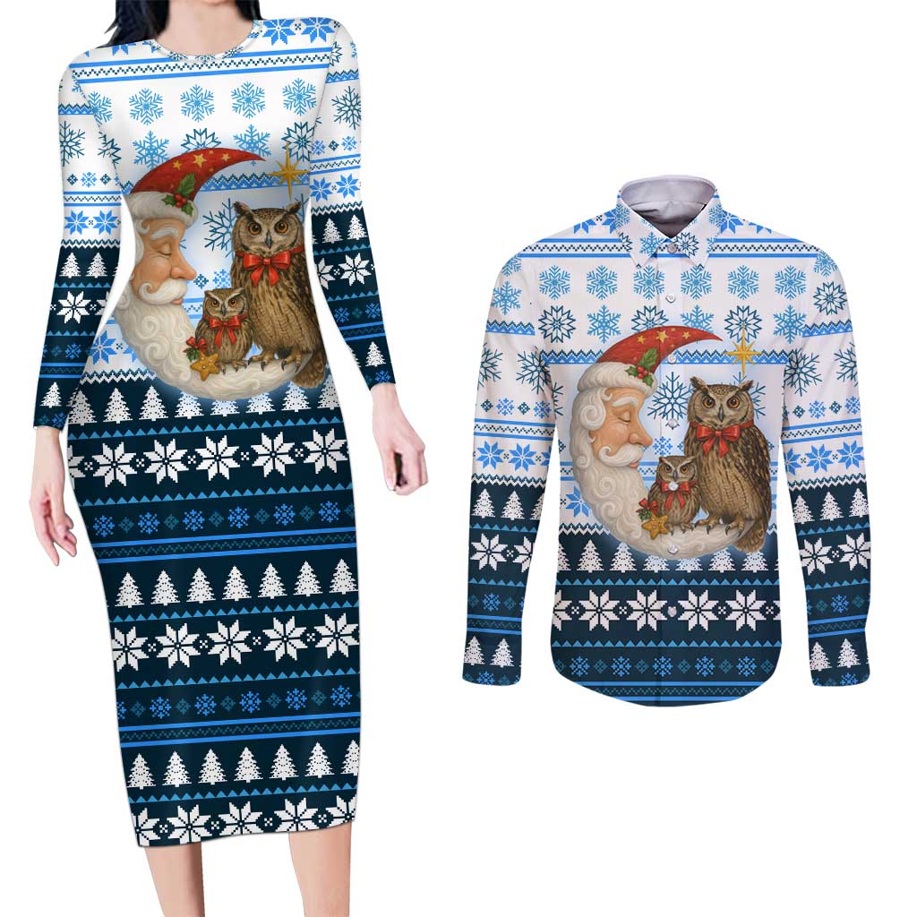 Owl Love Santa Moon Christmas Couples Matching Long Sleeve Bodycon Dress and Long Sleeve Button Shirt Xmas Holiday Patterns - Wonder Print Shop
