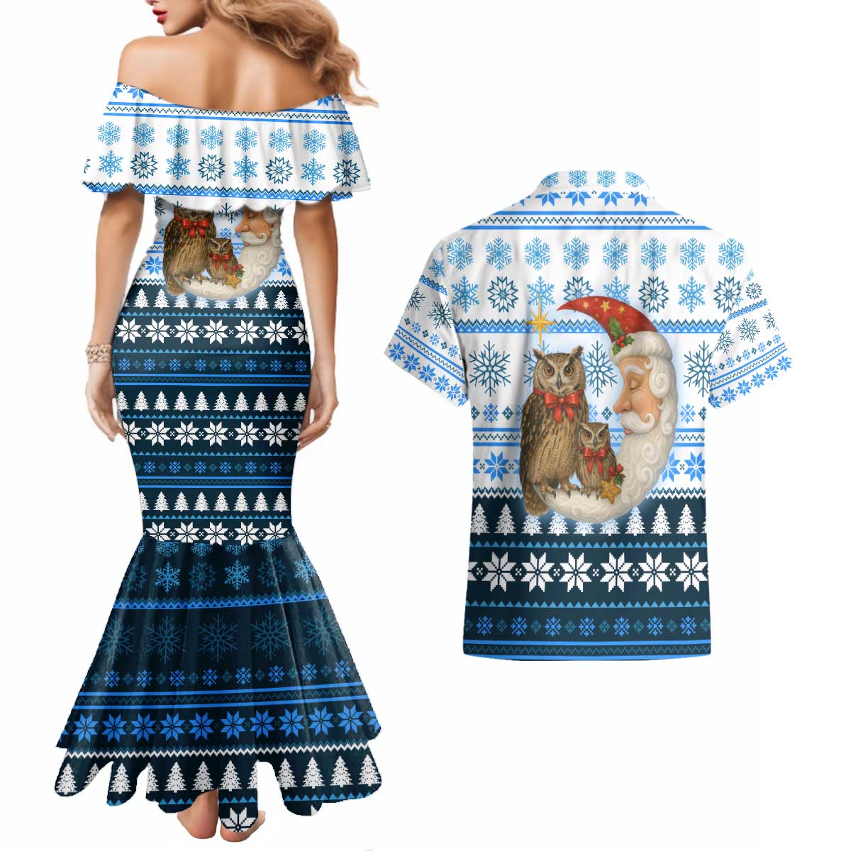 Owl Love Santa Moon Christmas Couples Matching Mermaid Dress and Hawaiian Shirt Xmas Holiday Patterns - Wonder Print Shop