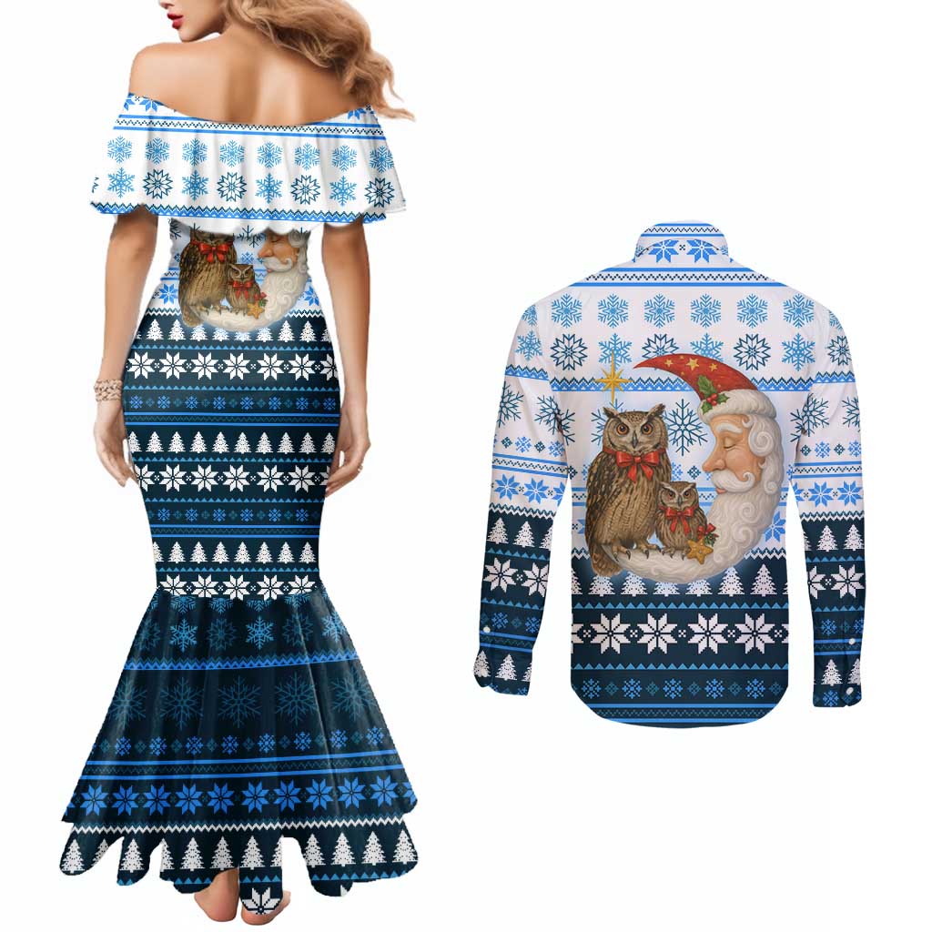 Owl Love Santa Moon Christmas Couples Matching Mermaid Dress and Long Sleeve Button Shirt Xmas Holiday Patterns - Wonder Print Shop