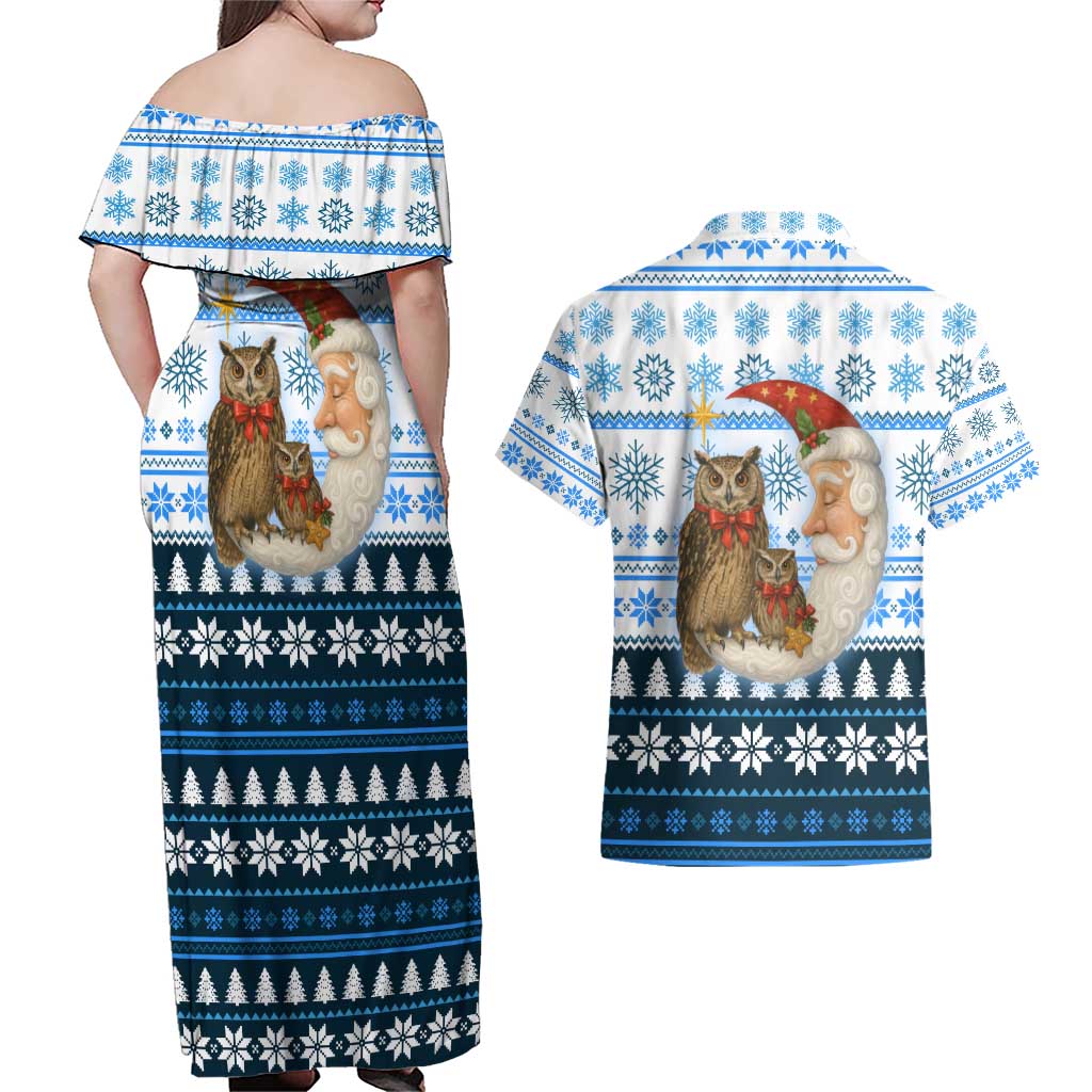 Owl Love Santa Moon Christmas Couples Matching Off Shoulder Maxi Dress and Hawaiian Shirt Xmas Holiday Patterns - Wonder Print Shop