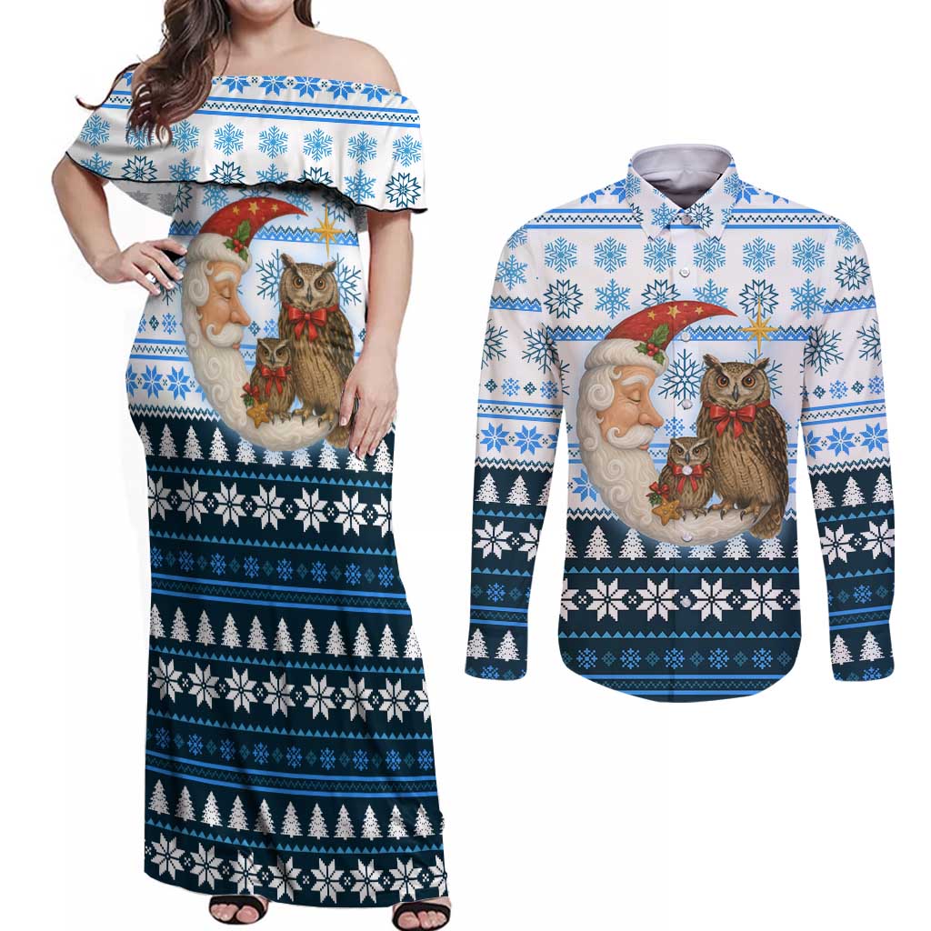 Owl Love Santa Moon Christmas Couples Matching Off Shoulder Maxi Dress and Long Sleeve Button Shirt Xmas Holiday Patterns - Wonder Print Shop
