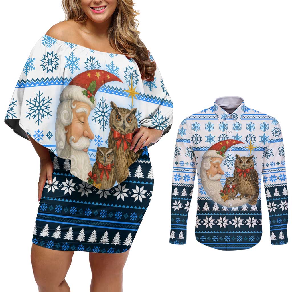 Owl Love Santa Moon Christmas Couples Matching Off Shoulder Short Dress and Long Sleeve Button Shirt Xmas Holiday Patterns - Wonder Print Shop