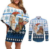 Owl Love Santa Moon Christmas Couples Matching Off Shoulder Short Dress and Long Sleeve Button Shirt Xmas Holiday Patterns - Wonder Print Shop