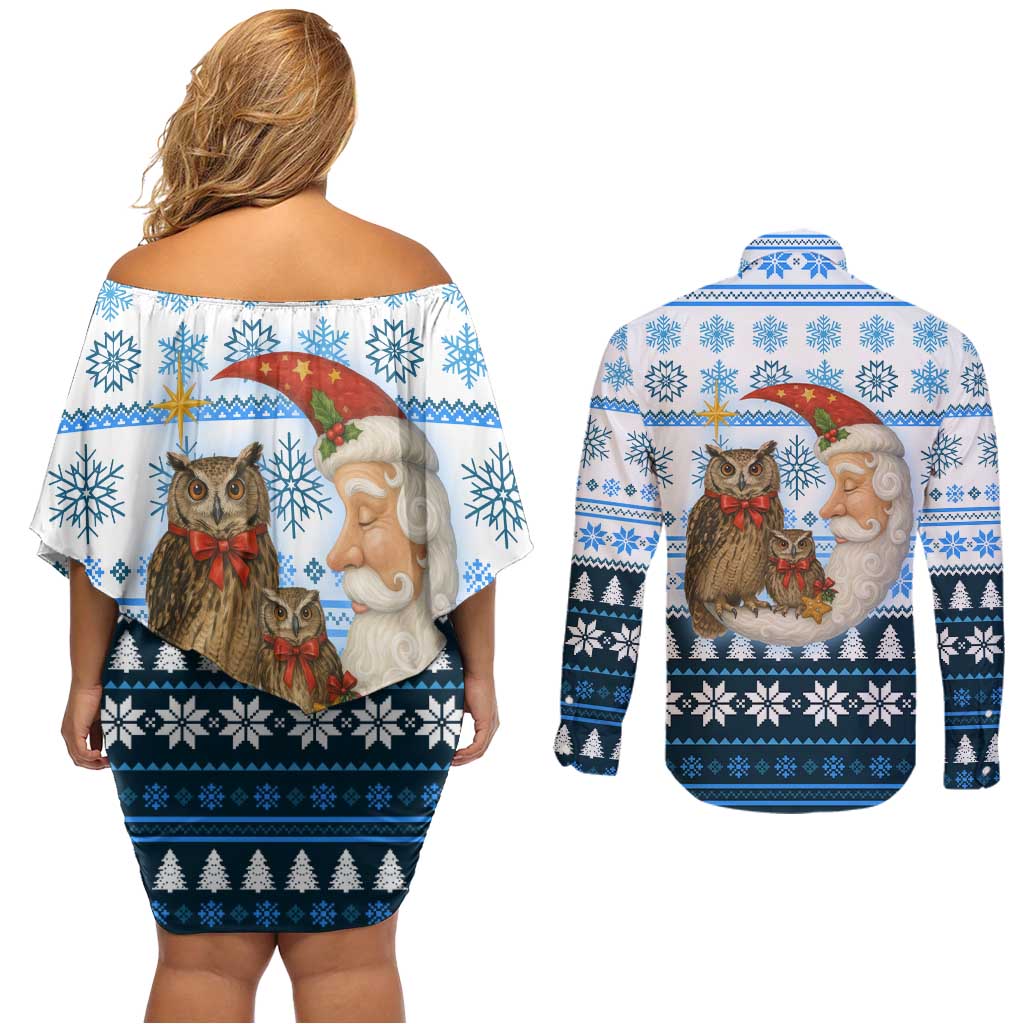 Owl Love Santa Moon Christmas Couples Matching Off Shoulder Short Dress and Long Sleeve Button Shirt Xmas Holiday Patterns - Wonder Print Shop