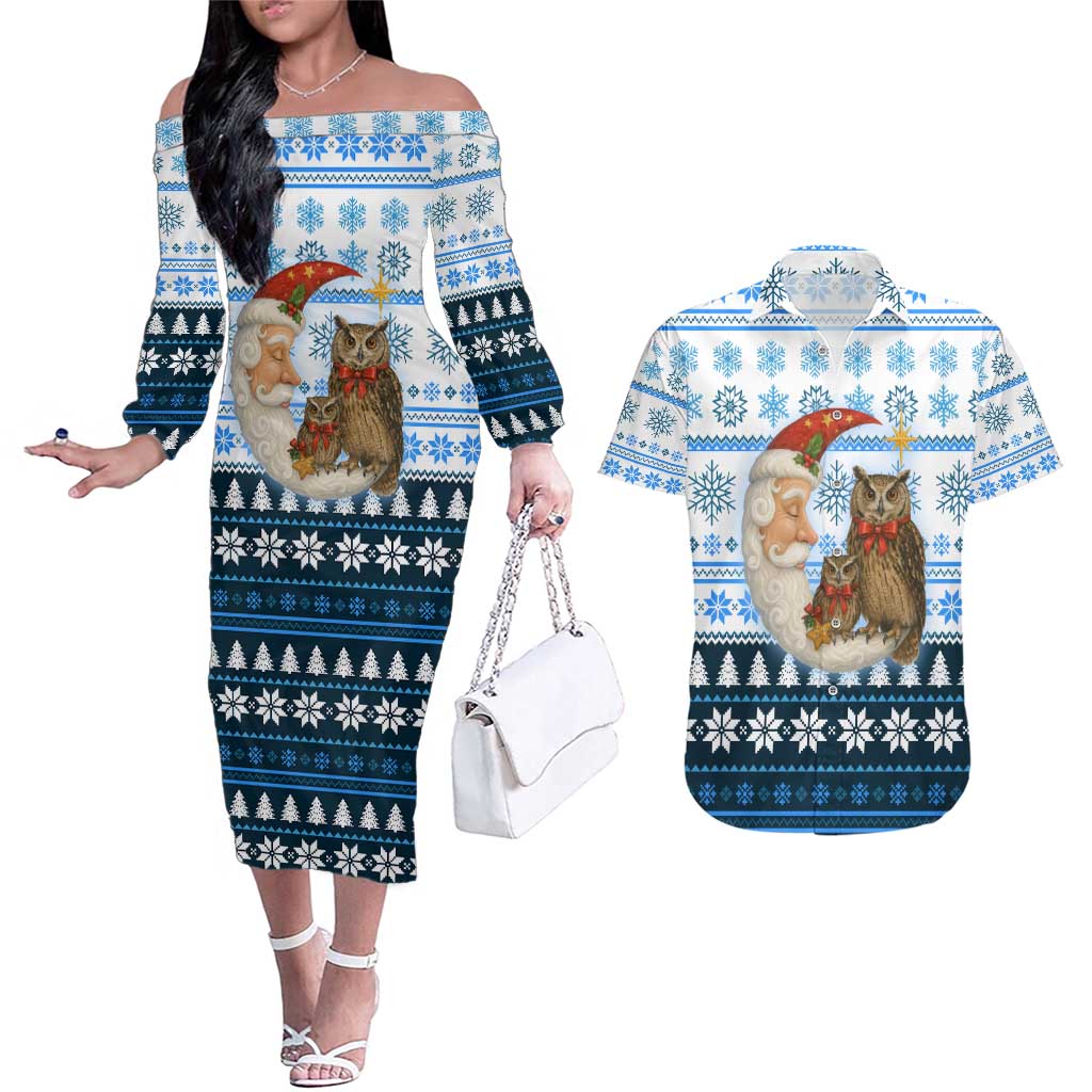 Owl Love Santa Moon Christmas Couples Matching Off The Shoulder Long Sleeve Dress and Hawaiian Shirt Xmas Holiday Patterns - Wonder Print Shop