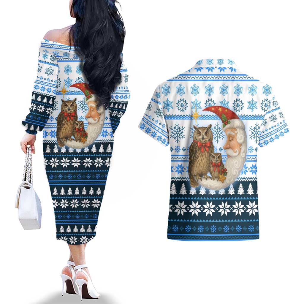 Owl Love Santa Moon Christmas Couples Matching Off The Shoulder Long Sleeve Dress and Hawaiian Shirt Xmas Holiday Patterns - Wonder Print Shop