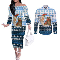 Owl Love Santa Moon Christmas Couples Matching Off The Shoulder Long Sleeve Dress and Long Sleeve Button Shirt Xmas Holiday Patterns - Wonder Print Shop
