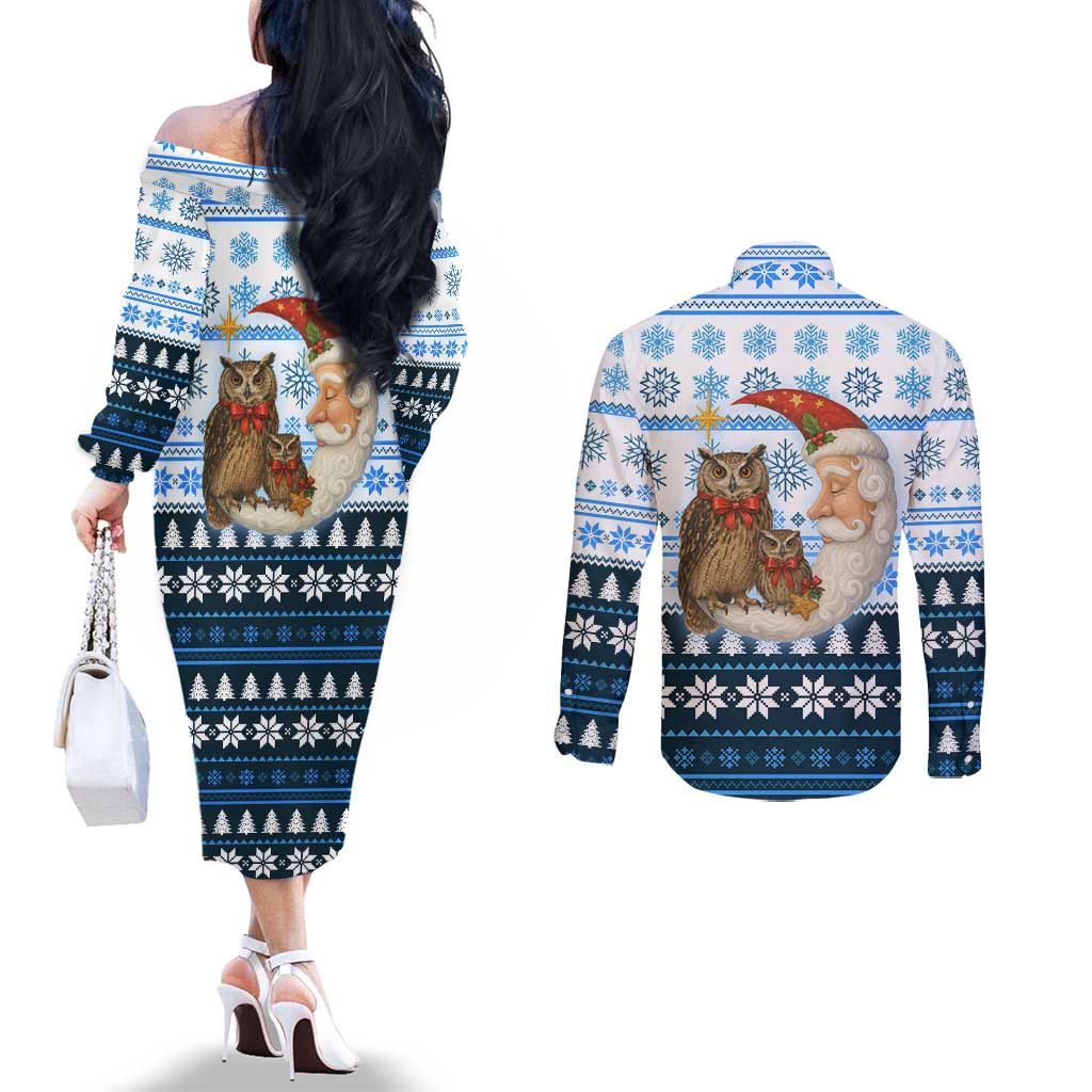 Owl Love Santa Moon Christmas Couples Matching Off The Shoulder Long Sleeve Dress and Long Sleeve Button Shirt Xmas Holiday Patterns - Wonder Print Shop