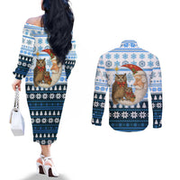 Owl Love Santa Moon Christmas Couples Matching Off The Shoulder Long Sleeve Dress and Long Sleeve Button Shirt Xmas Holiday Patterns - Wonder Print Shop