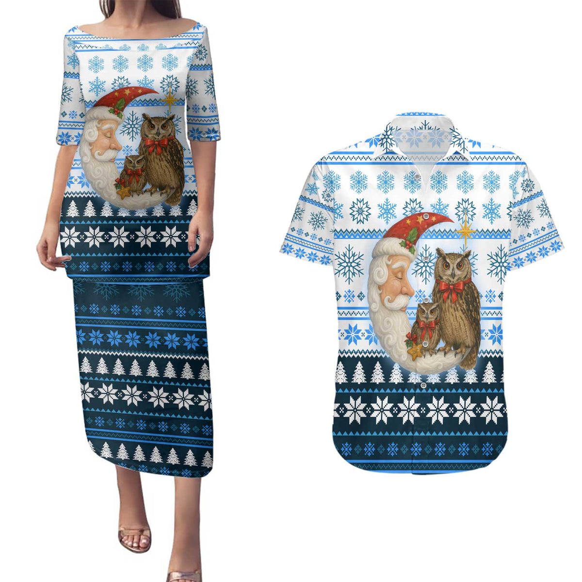 Owl Love Santa Moon Christmas Couples Matching Puletasi and Hawaiian Shirt Xmas Holiday Patterns - Wonder Print Shop