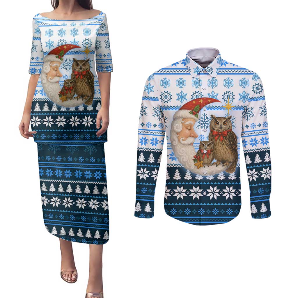 Owl Love Santa Moon Christmas Couples Matching Puletasi and Long Sleeve Button Shirt Xmas Holiday Patterns - Wonder Print Shop
