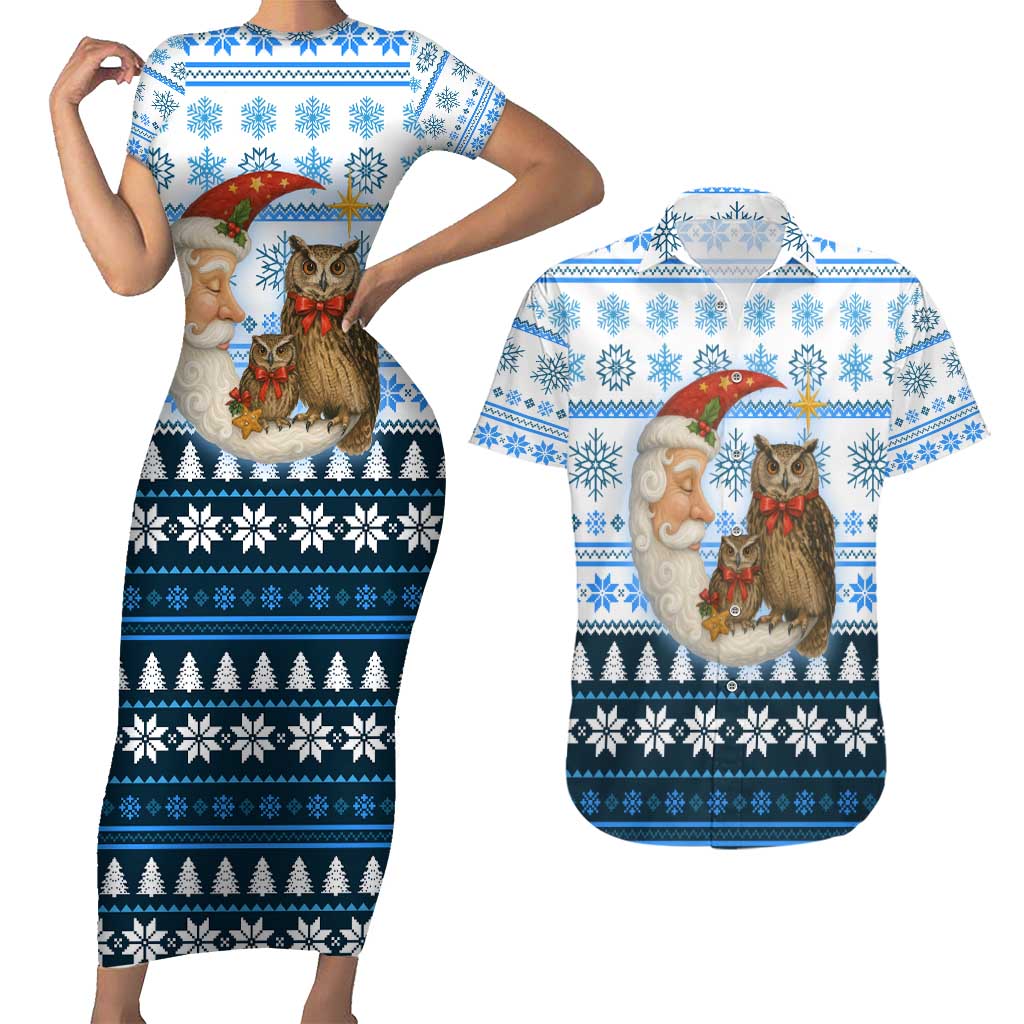 Owl Love Santa Moon Christmas Couples Matching Short Sleeve Bodycon Dress and Hawaiian Shirt Xmas Holiday Patterns - Wonder Print Shop