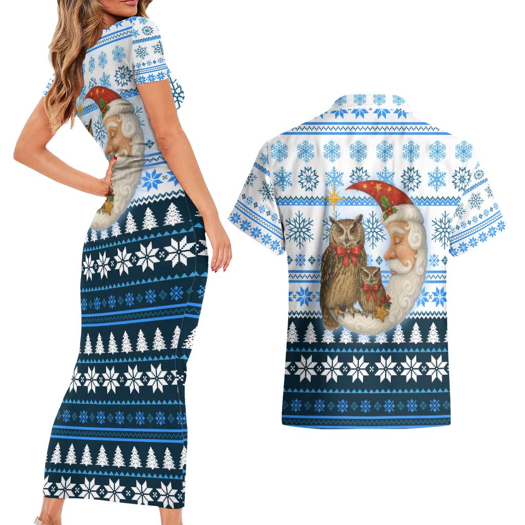Owl Love Santa Moon Christmas Couples Matching Short Sleeve Bodycon Dress and Hawaiian Shirt Xmas Holiday Patterns - Wonder Print Shop