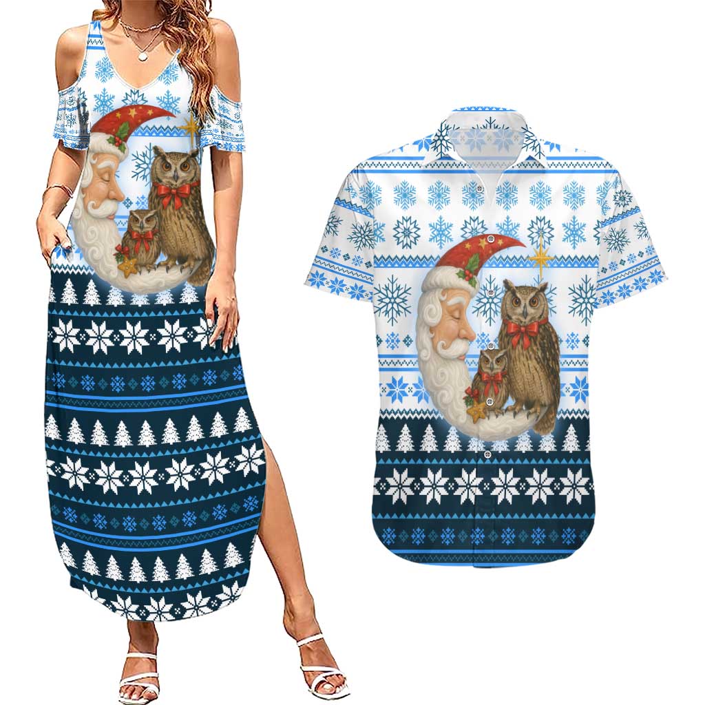 Owl Love Santa Moon Christmas Couples Matching Summer Maxi Dress and Hawaiian Shirt Xmas Holiday Patterns - Wonder Print Shop