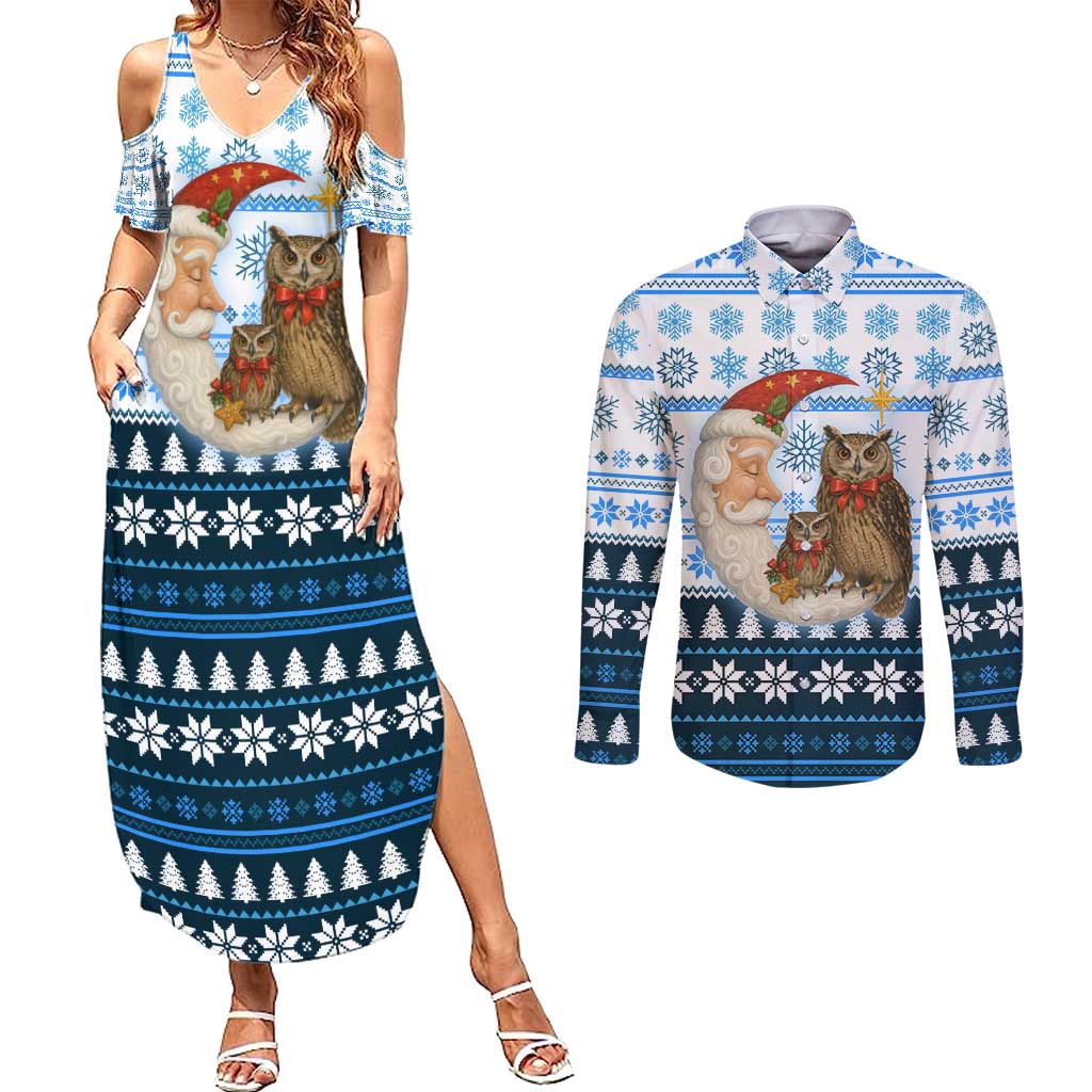 Owl Love Santa Moon Christmas Couples Matching Summer Maxi Dress and Long Sleeve Button Shirt Xmas Holiday Patterns - Wonder Print Shop