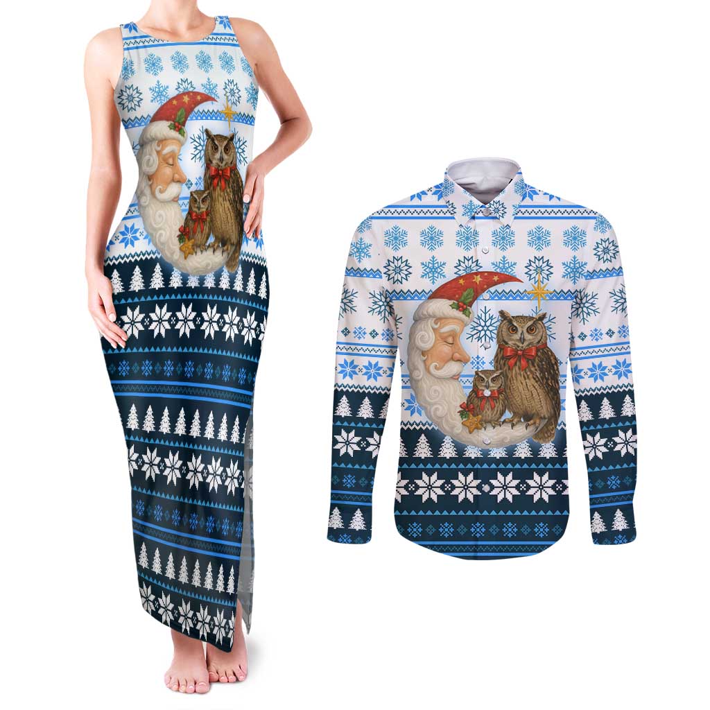 Owl Love Santa Moon Christmas Couples Matching Tank Maxi Dress and Long Sleeve Button Shirt Xmas Holiday Patterns - Wonder Print Shop