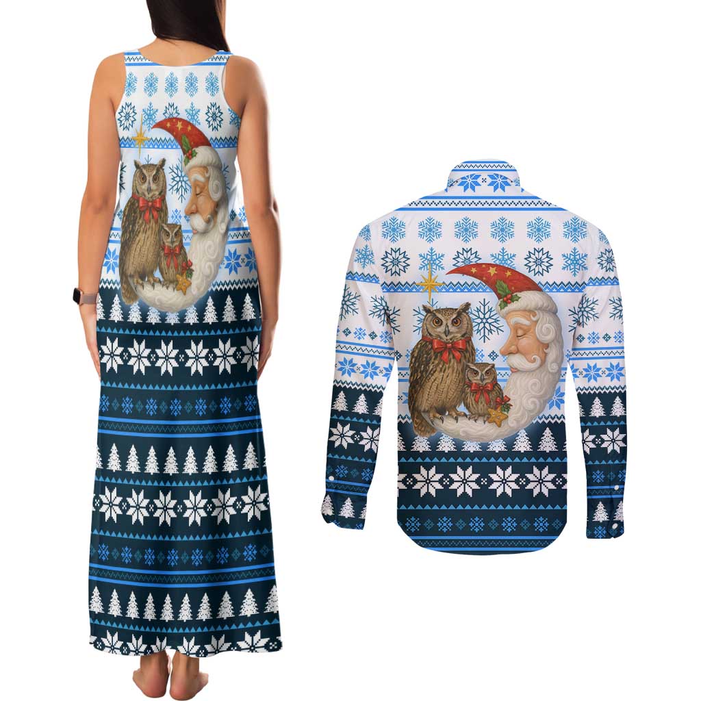 Owl Love Santa Moon Christmas Couples Matching Tank Maxi Dress and Long Sleeve Button Shirt Xmas Holiday Patterns - Wonder Print Shop