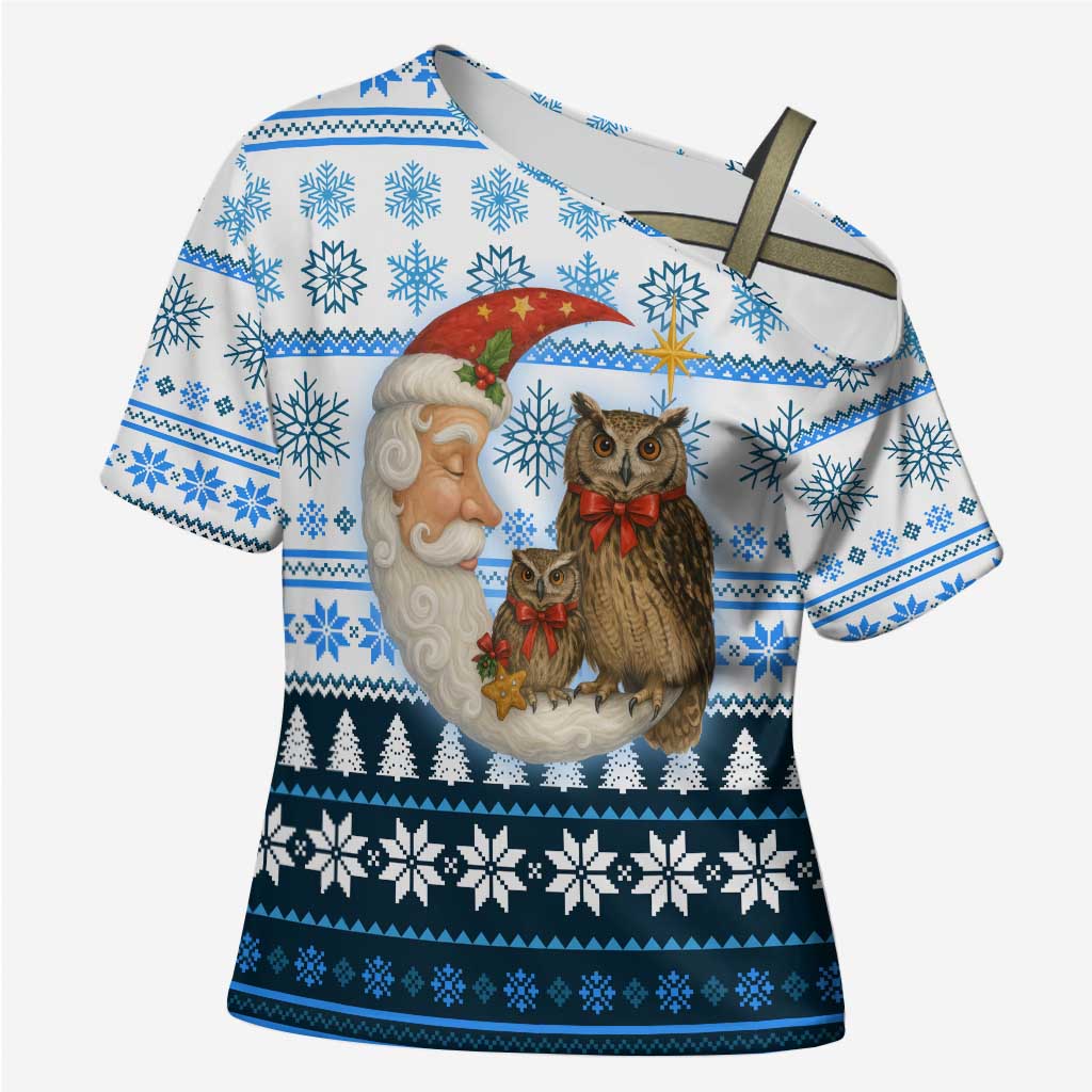Owl Love Santa Moon Christmas Cross Shoulder Shirt Xmas Holiday Patterns - Wonder Print Shop