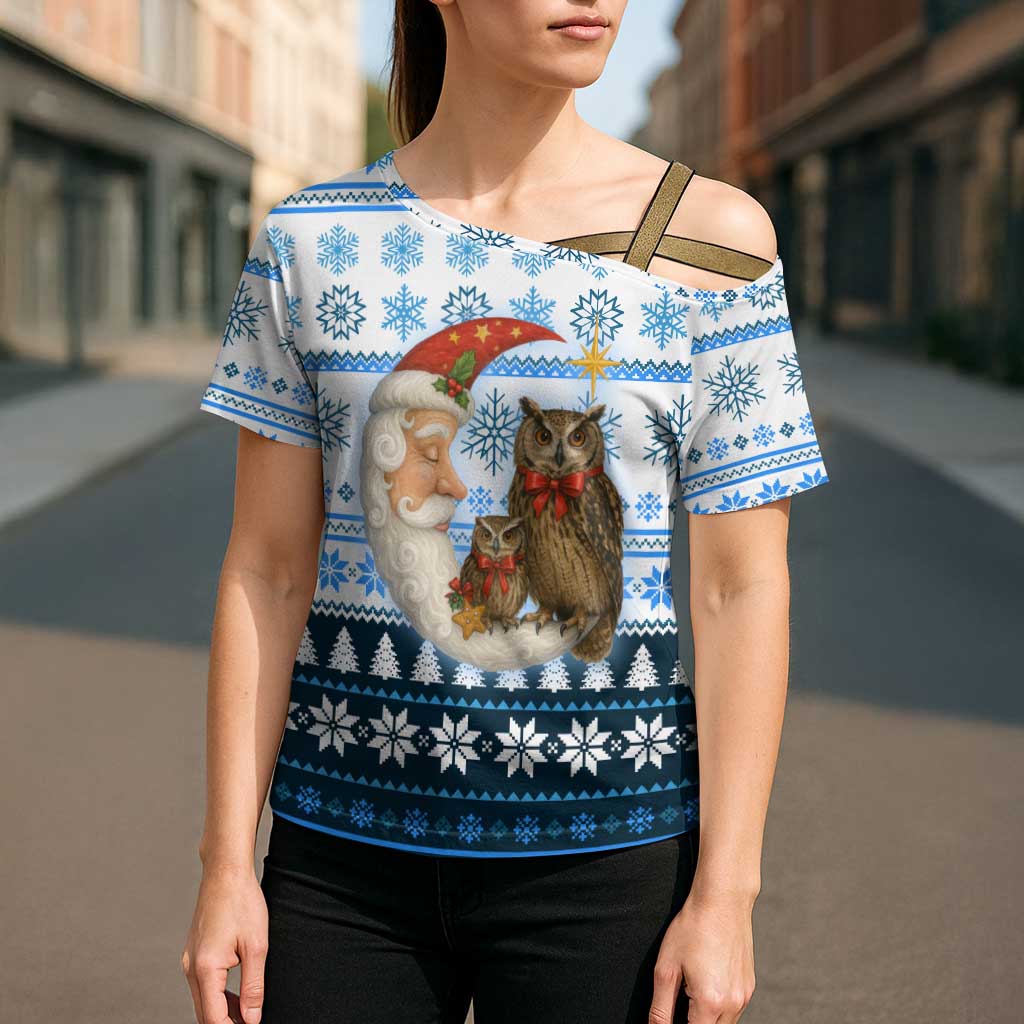 Owl Love Santa Moon Christmas Cross Shoulder Shirt Xmas Holiday Patterns - Wonder Print Shop