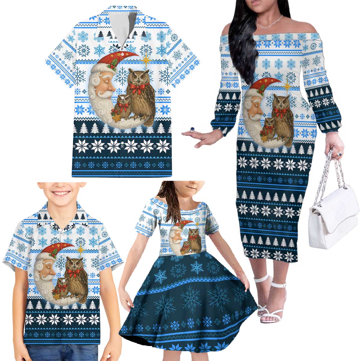 Owl Love Santa Moon Christmas Family Matching Off The Shoulder Long Sleeve Dress and Hawaiian Shirt Xmas Holiday Patterns - Wonder Print Shop