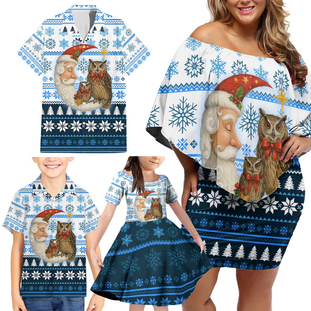 Owl Love Santa Moon Christmas Family Matching Off Shoulder Short Dress and Hawaiian Shirt Xmas Holiday Patterns - Wonder Print Shop