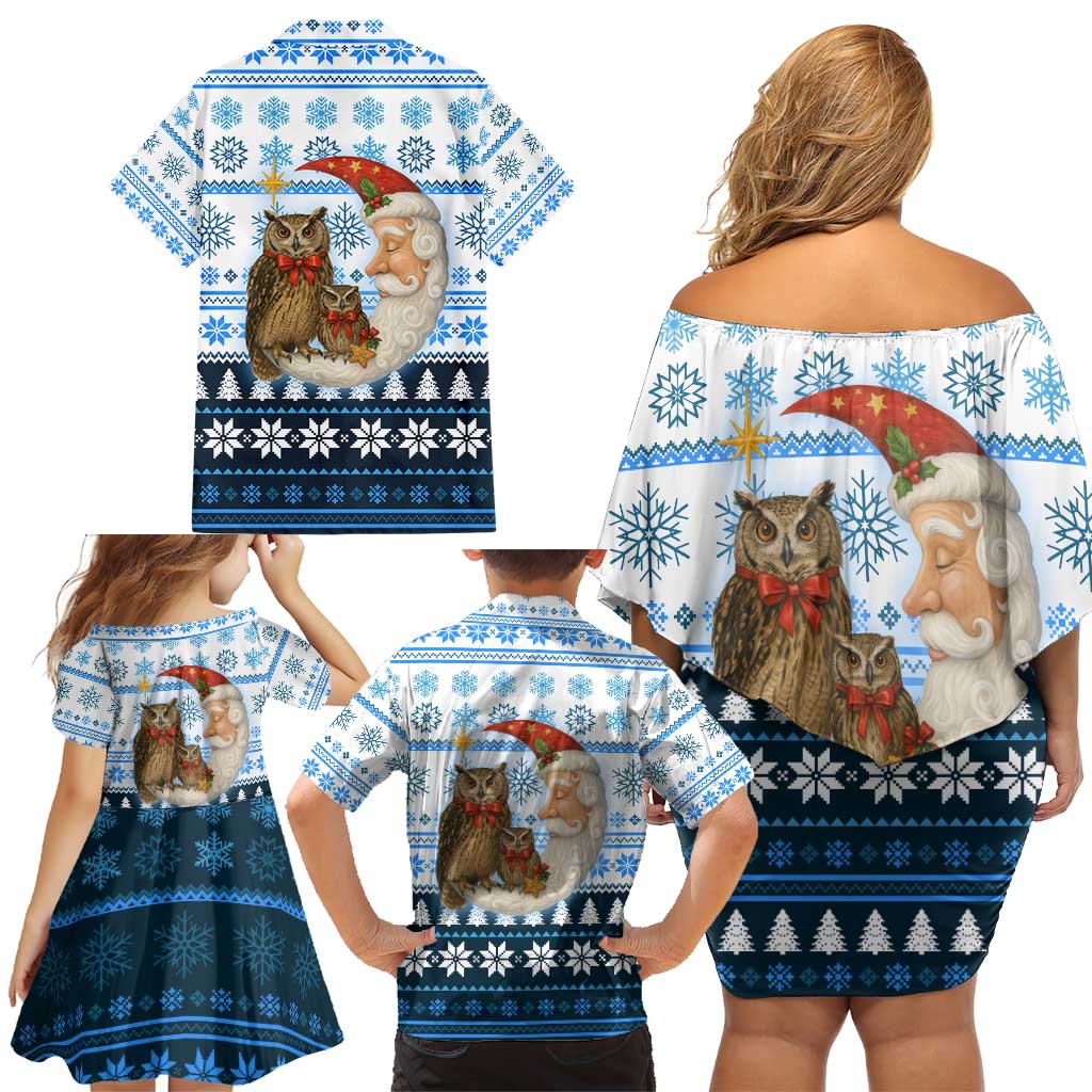 Owl Love Santa Moon Christmas Family Matching Off Shoulder Short Dress and Hawaiian Shirt Xmas Holiday Patterns - Wonder Print Shop