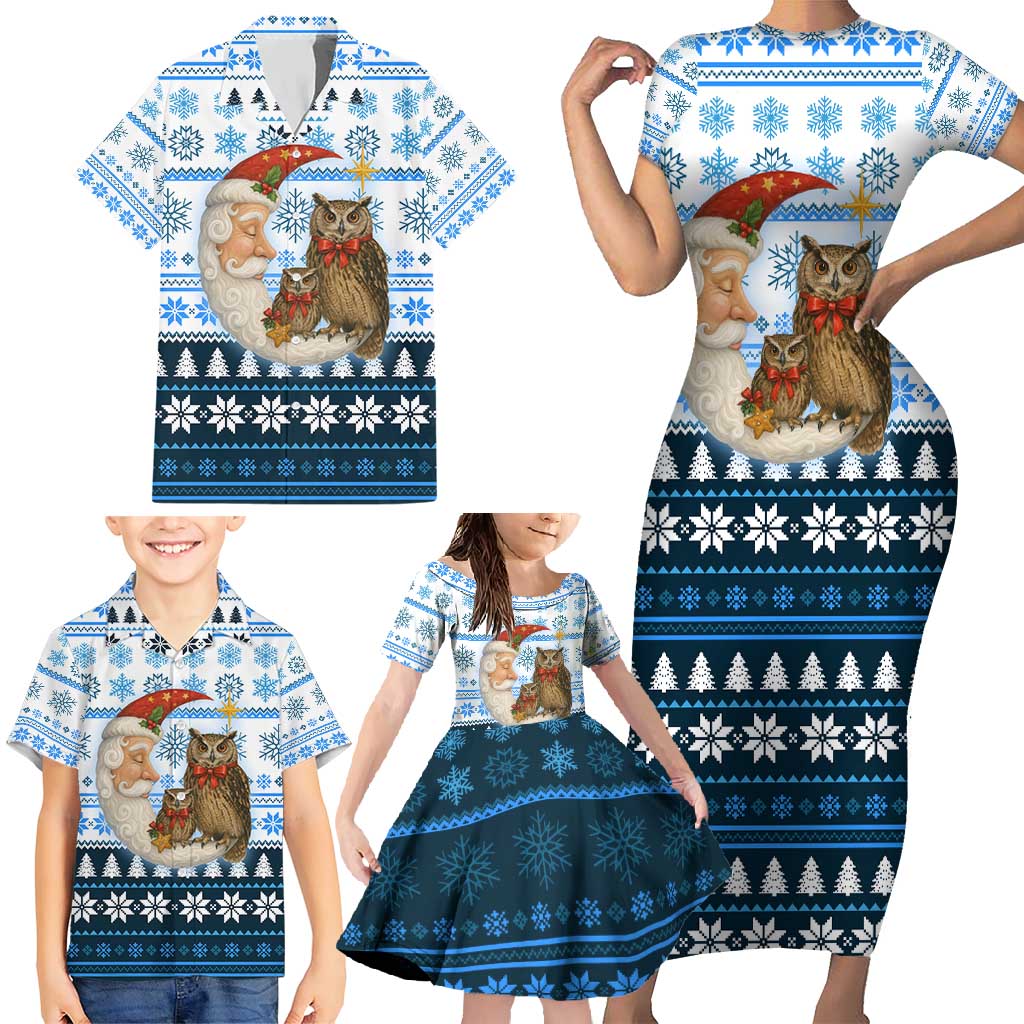 Owl Love Santa Moon Christmas Family Matching Short Sleeve Bodycon Dress and Hawaiian Shirt Xmas Holiday Patterns - Wonder Print Shop