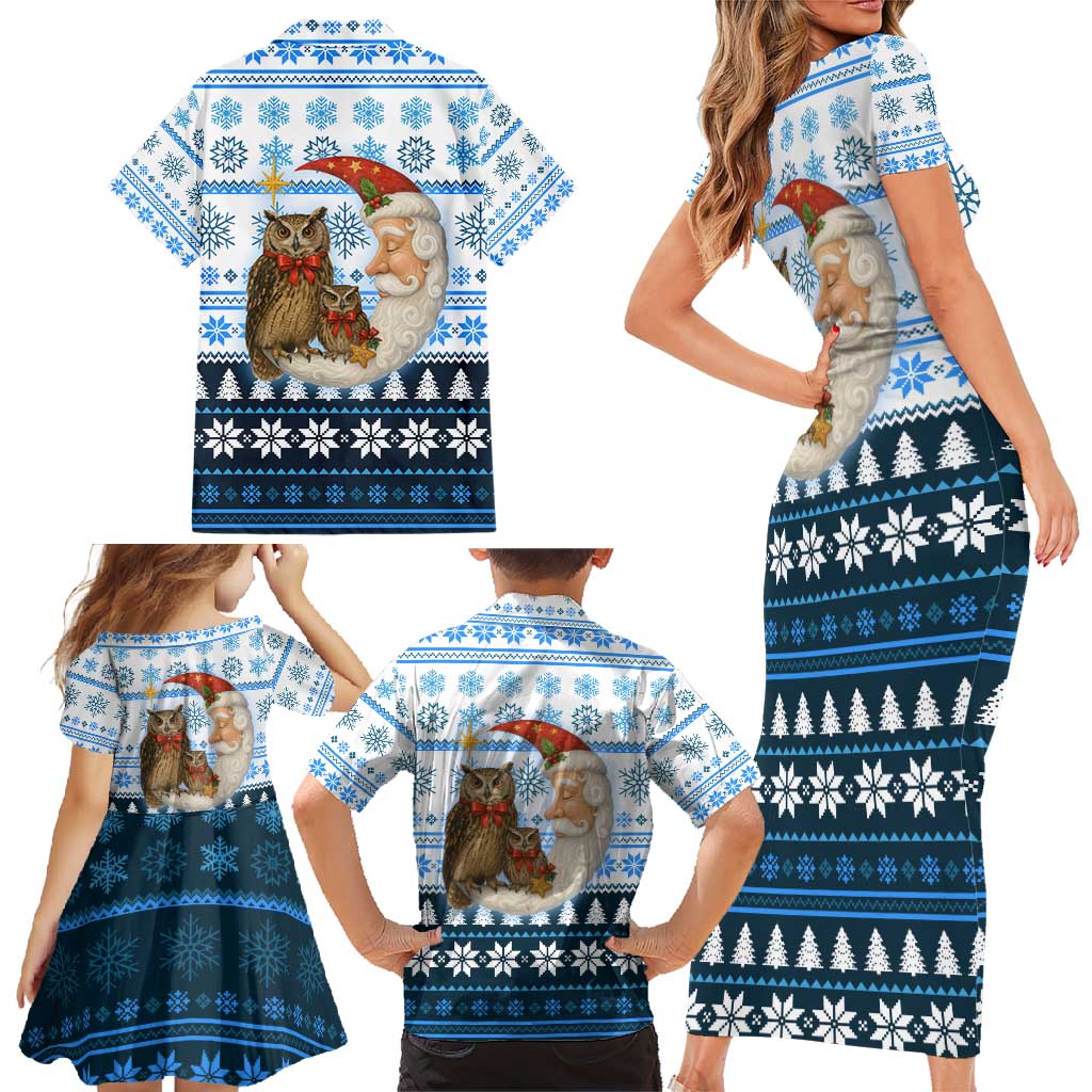 Owl Love Santa Moon Christmas Family Matching Short Sleeve Bodycon Dress and Hawaiian Shirt Xmas Holiday Patterns - Wonder Print Shop