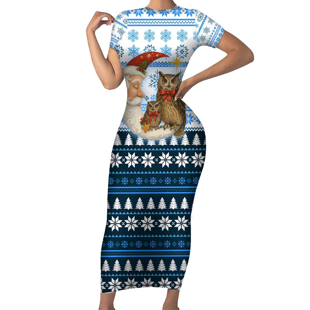 Owl Love Santa Moon Christmas Family Matching Short Sleeve Bodycon Dress and Hawaiian Shirt Xmas Holiday Patterns - Wonder Print Shop