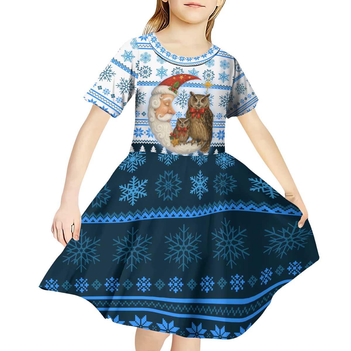 Owl Love Santa Moon Christmas Kid Short Sleeve Dress Xmas Holiday Patterns - Wonder Print Shop