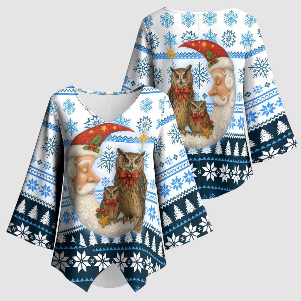 Owl Love Santa Moon Christmas Kimono Sleeve Blouse Xmas Holiday Patterns - Wonder Print Shop