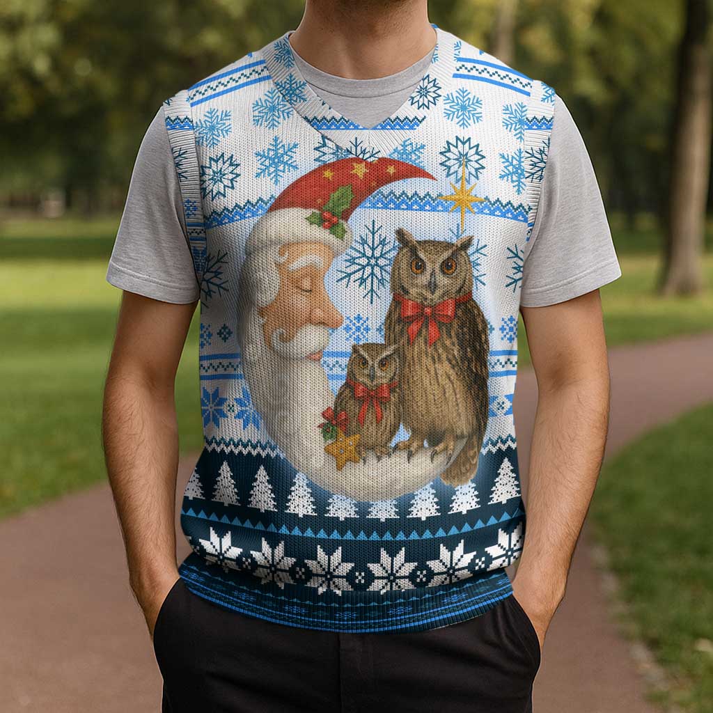 Owl Love Santa Moon Christmas Knitted V-Neck Vest Xmas Holiday Patterns - Wonder Print Shop