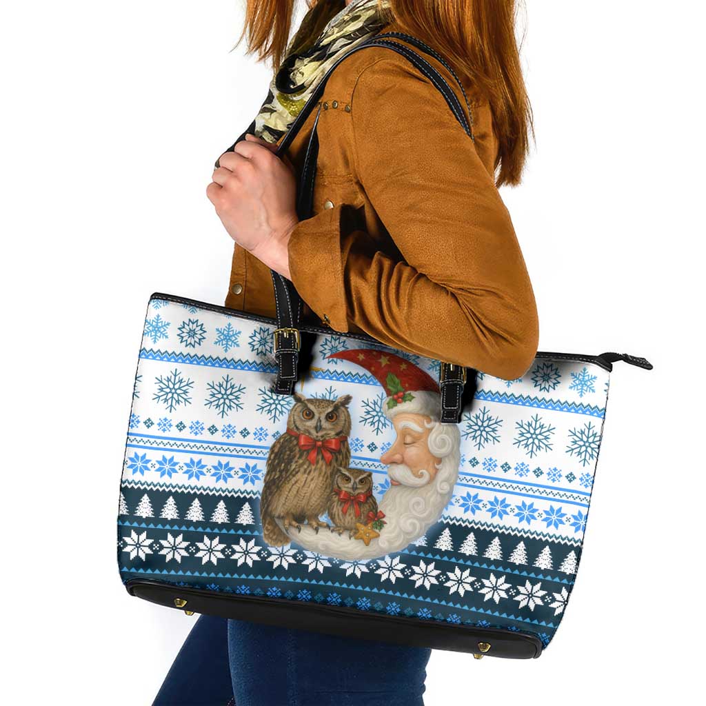 Owl Love Santa Moon Christmas Leather Tote Bag Xmas Holiday Patterns - Wonder Print Shop