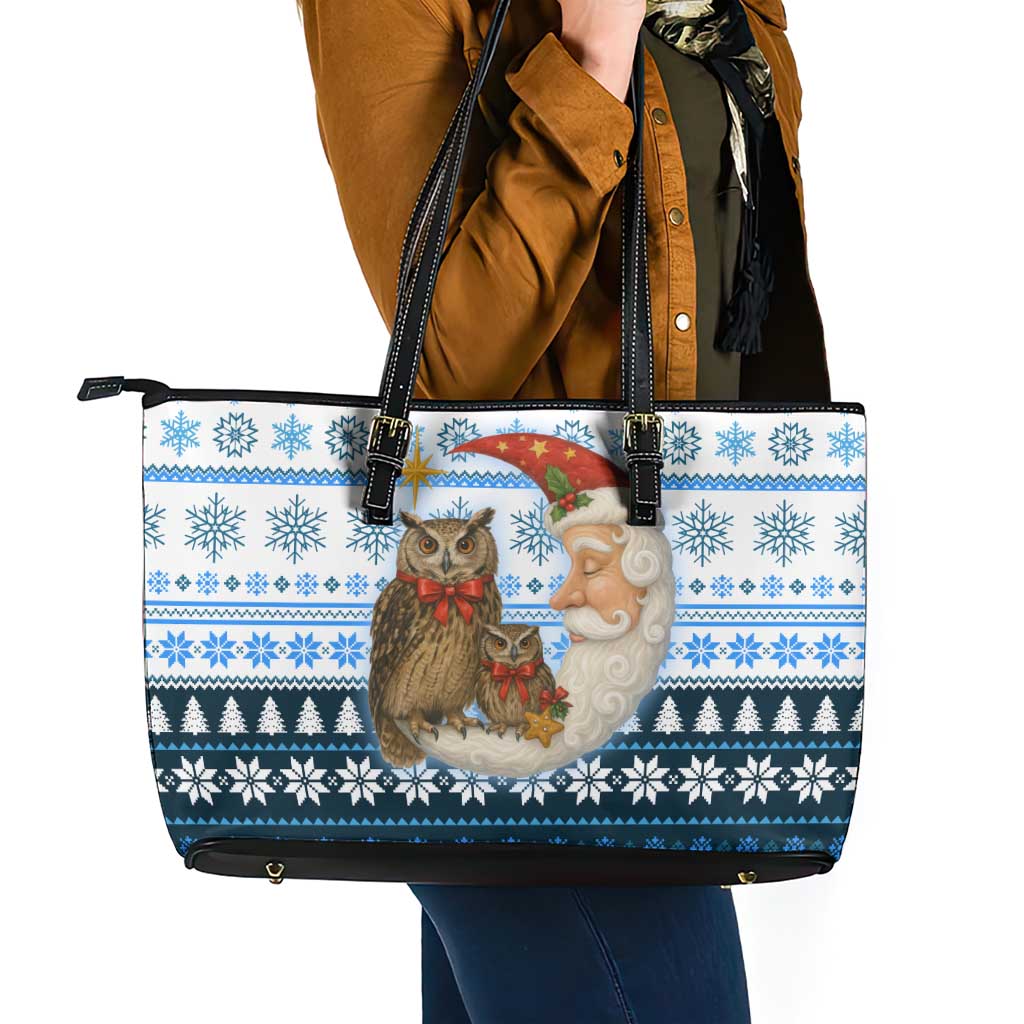 Owl Love Santa Moon Christmas Leather Tote Bag Xmas Holiday Patterns - Wonder Print Shop